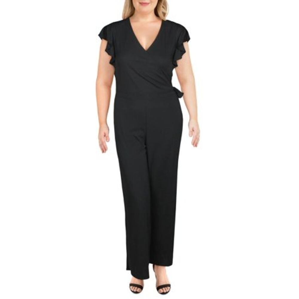 Lauren Ralph Lauren Faux Wrap Jumpsuit Side Tie Ruffle Sleeve Black Womens Large